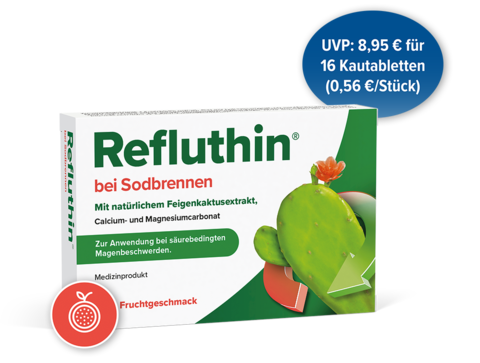 Packungsabbildung Refluthin bei Sodbrennen mit Fruchtgeschmack mit integriertem Preisbutton
